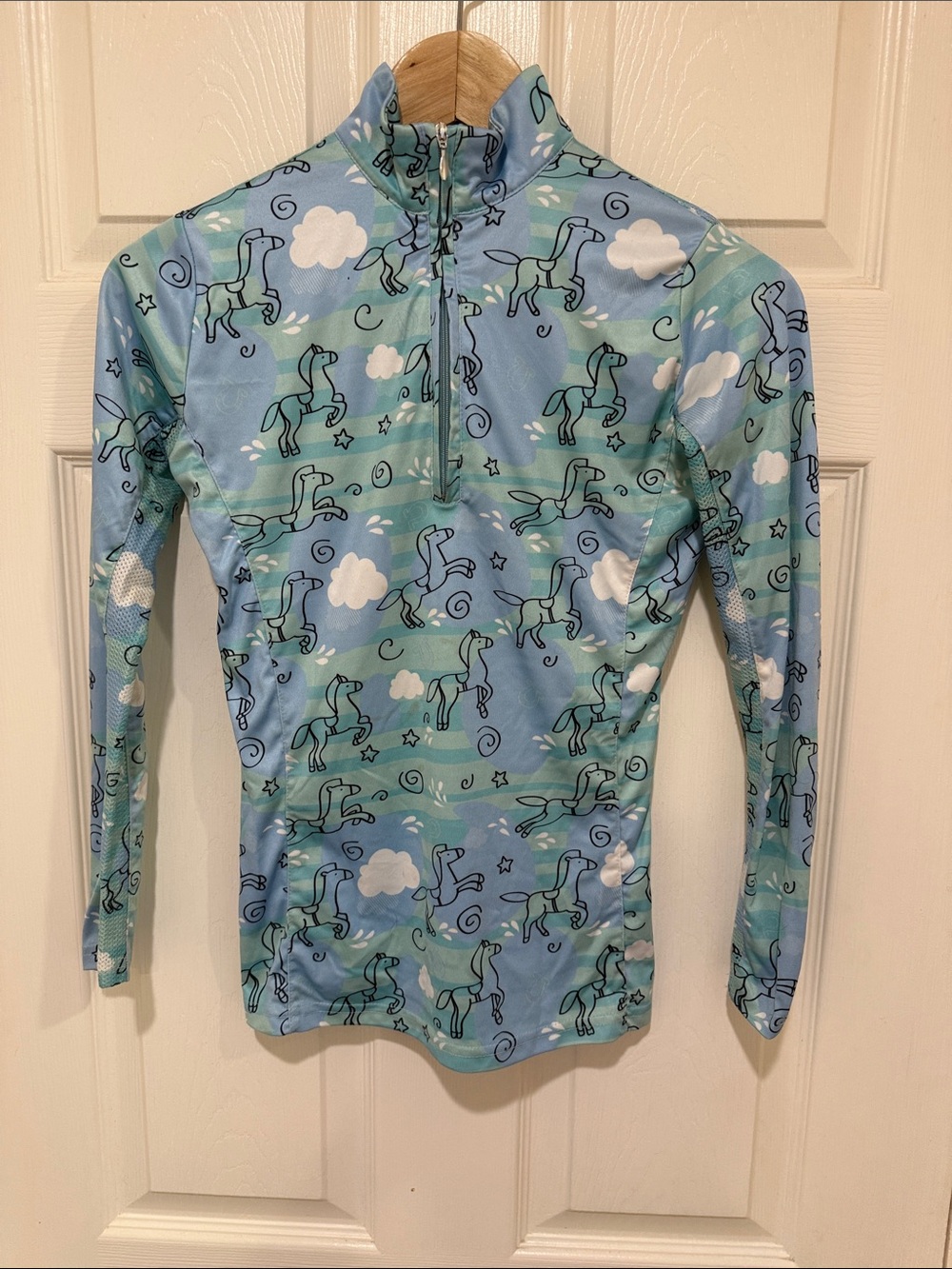 Girls’ Long Sleeve Riding Shirt in Light Blue Unicorn Print